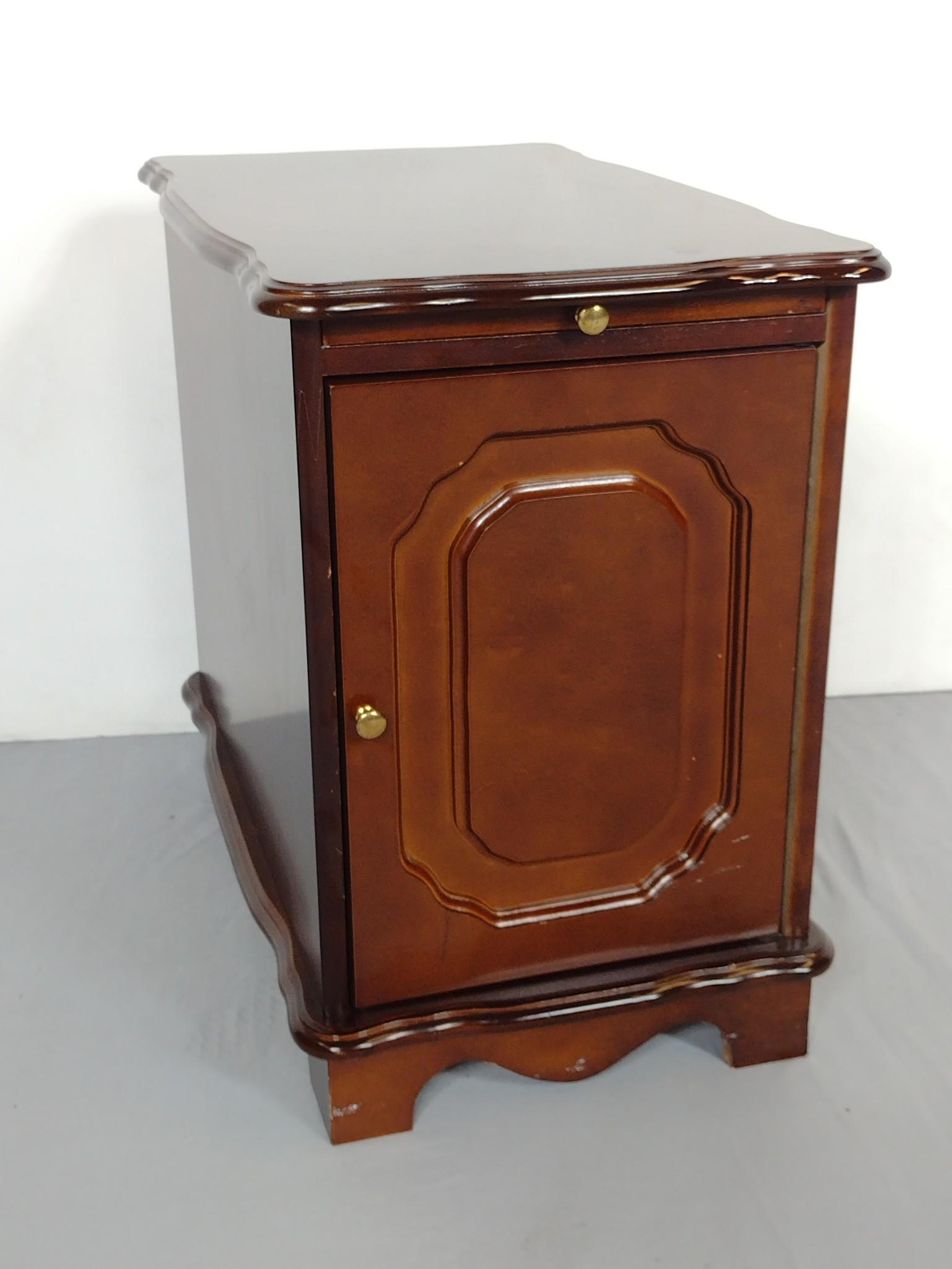 Side Table Cabinet: 13" wide X 22" deep X 20" high. Has some light scratches. No manufactures name found. MG. IMPORTANT: Before bidding, please read the terms and conditions. When you registered for the auction you agree