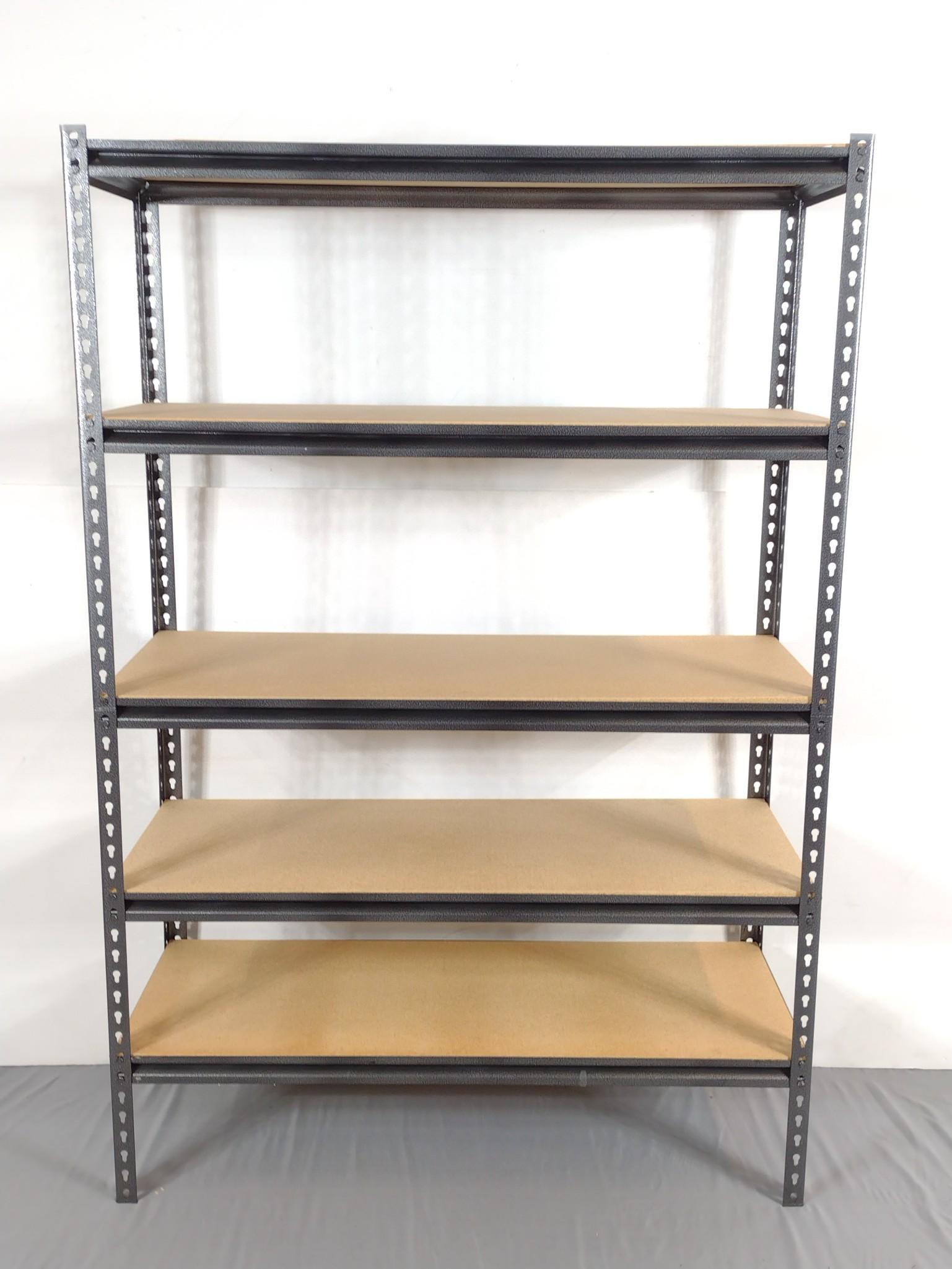 Metal Storage Shelf: 48-1/2" wide X 18-1/2" deep X 72" high. Top shelf has a chip missing. MG. IMPORTANT: Before bidding, please read the terms and conditions. When you registered for the auction you agreed to these terms