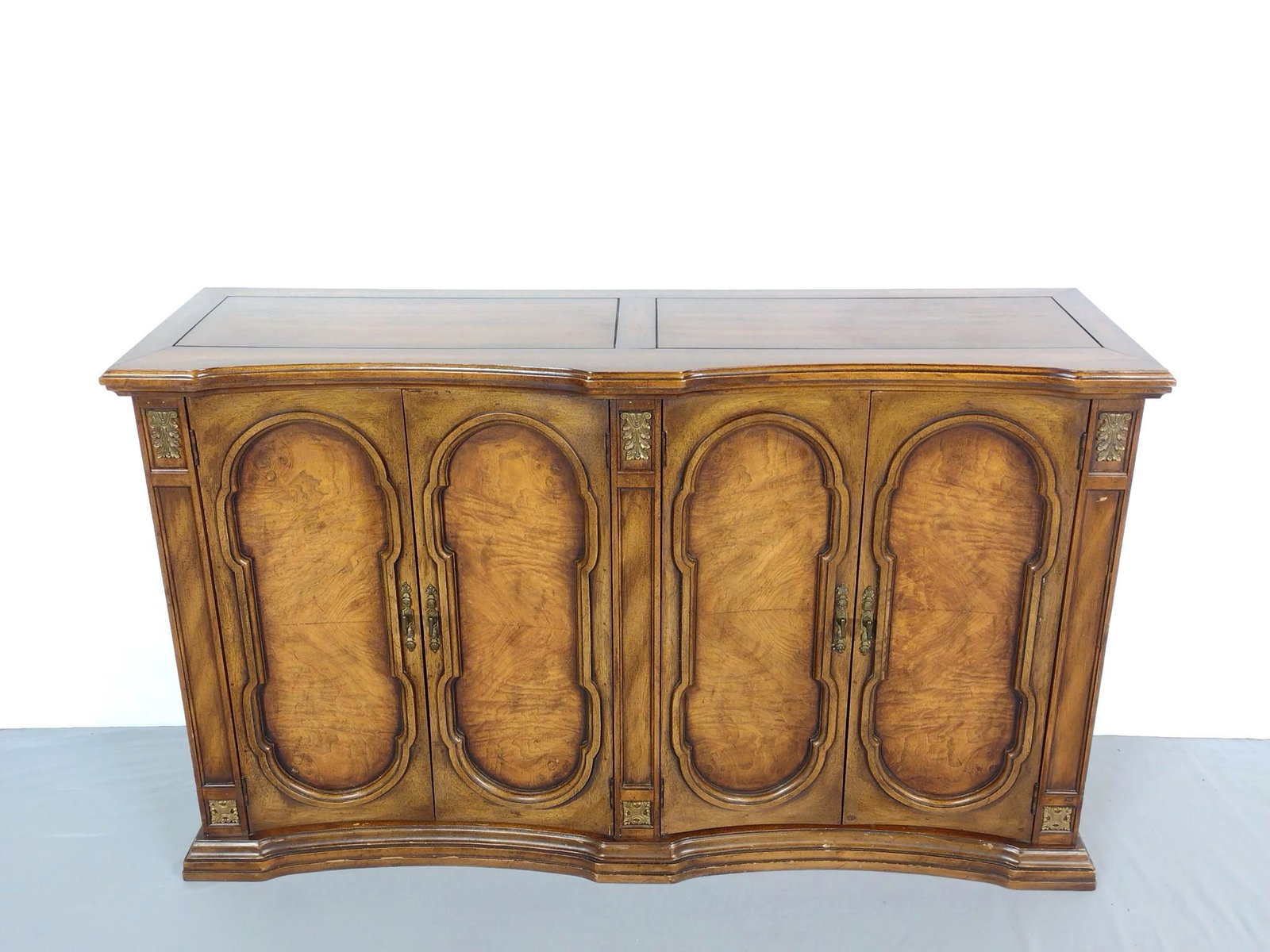 Hall Cabinet: 47-1/2" wide X 14" deep X 28-1/2" high. No manufactures name found. MG. IMPORTANT: Before bidding, please read the terms and conditions. When you registered for the auction you agreed to these terms a