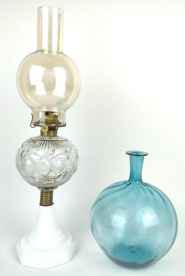 Oil Lamp and Art Glass Vase: 8-1/2" to 19-1/2" high. MG. IMPORTANT: Before bidding, please read the terms and conditions. When you registered for the auction you agreed to these terms and will be required to comply with them.