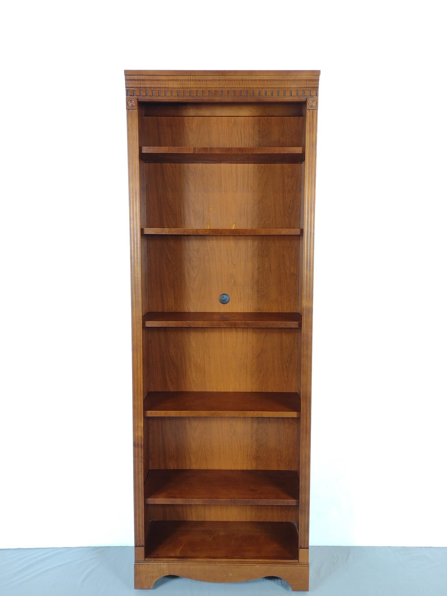 Bookcase: 29-1/2" wide X 12-1/2" deep X 84-1/2" high. Has some scratches. MG. IMPORTANT: Before bidding, please read the terms and conditions. When you registered for the auction you agreed to these terms and w