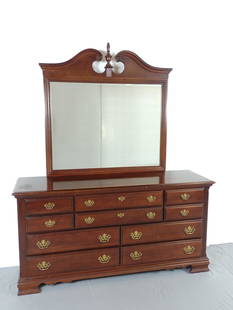 Broyhill Premier Dresser With Mirror: 66-1/2" wide X 19" deep X 81" high. Top has area of finish loss. Has some light scratches. MG. IMPORTANT: Before bidding, please read the terms and conditions. When you registered for the auction you