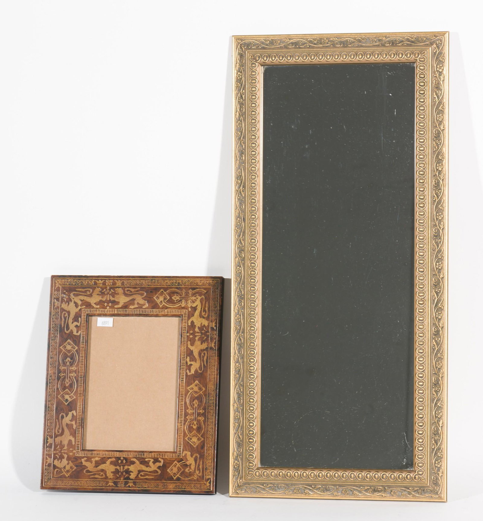 Vintage Mirror and Frame with Lion Inlay: Overall with frames 11" to 22-1/2" high by 9" to 10-1/2" wide. JB IMPORTANT: Before bidding, please read the terms and conditions. When you registered for the auction you agreed to these terms and wil