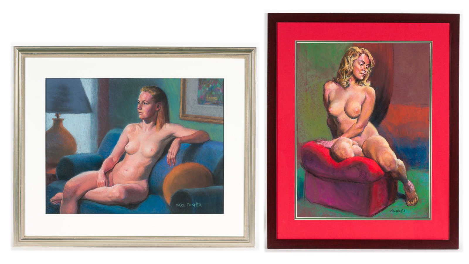2 Karl Foster Nude Pastel Portraits: Overall with frames 27" to 32" high x 26" to 32-1/2" wide. JB IMPORTANT: Before bidding, please read the terms and conditions. When you registered for the auction you agreed to these terms and will be