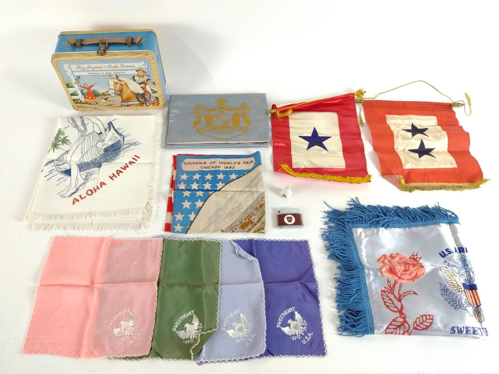 13 Pcs Vintage Advertising, Worlds Fair and PRR Lighter: Includes Roy Rogers, Worlds Fair, Sweetheart Silks, hankies, PRR Lighter and more. BC IMPORTANT: Before bidding, please read the terms and conditions. When you registered for the auction you agreed to