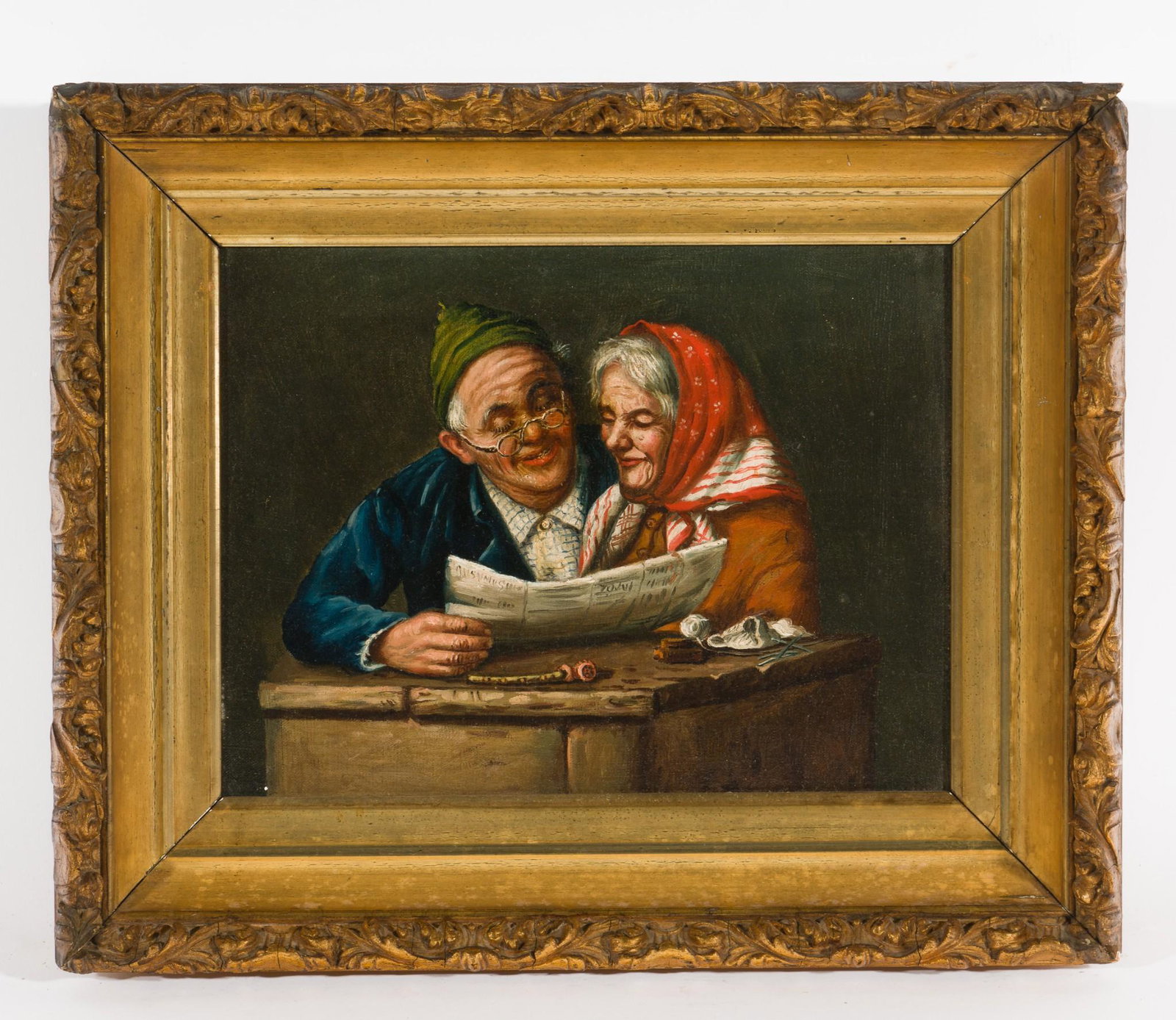 Painting of Couple Reading Newspaper: Unsigned. Overall with frame 14-3/4" high x 12-1/4" wide. JB IMPORTANT: Before bidding, please read the terms and conditions. When you registered for the auction you agreed to these terms and will be 