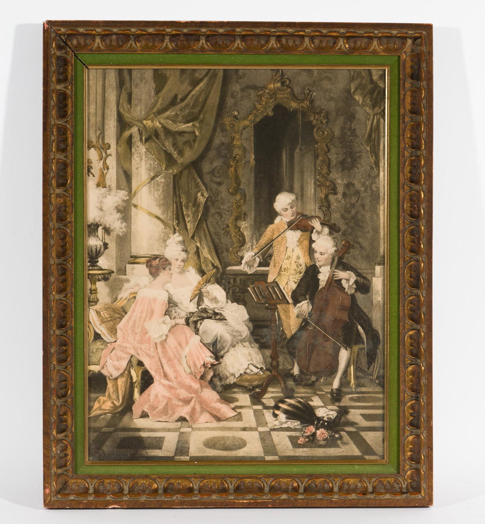Musical Scene Hand Colored Gravure: Overall with frame 25-1/4" high x 20-1/2" wide. JB IMPORTANT: Before bidding, please read the terms and conditions. When you registered for the auction you agreed to these terms and will be required t