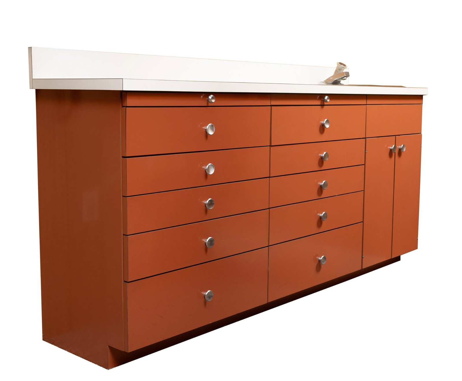 Burnt Orange Formica Cabinet With Sink: PICK UP ONSITE IN MIDDLETOWN, PA. REMOVAL RESPONSIBILTY OF THE BUYER ON FRIDAY 7-14-23 BETWEEN 10AM AND 4 PM BY APPOINTMENT ONLY. Cabinet attached to wall with screws and plumbed in sink. Overall 6'1"
