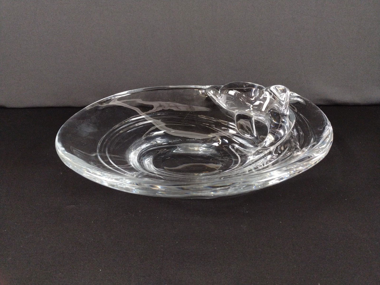Daum France Bowl with Dolphin: 14" wide x 10-1/2" deep x 10-1/2" high. Signed at base. BC IMPORTANT: Before bidding, please read the terms and conditions. When you registered for the auction you agreed to these terms and will be re