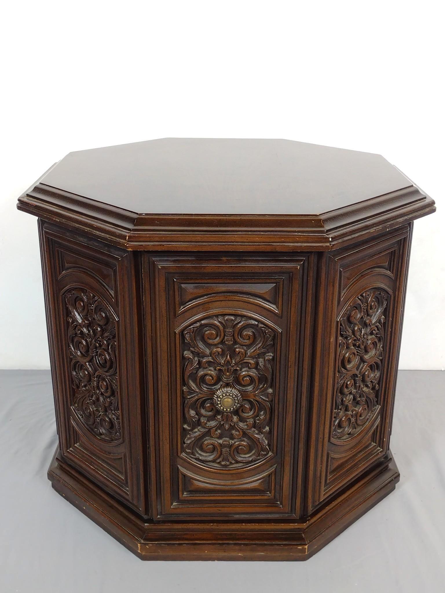 Octagonal Side Table: 25-1/2" wide X 25-1/2" deep X 23-1/4" high. Has some light scratches. No manufactures name found. MG. IMPORTANT: Before bidding, please read the terms and conditions. When you registered for the aucti