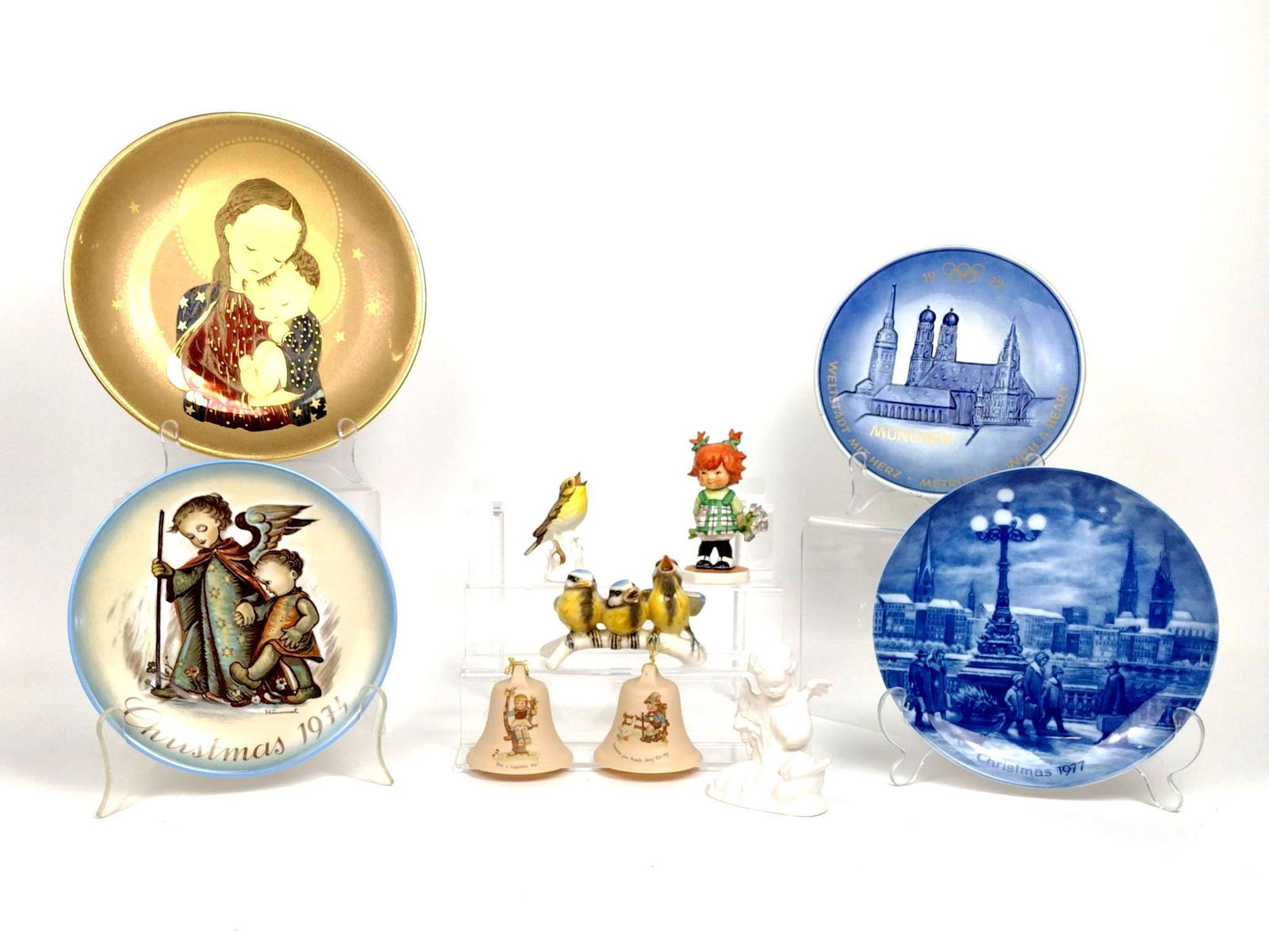 6 Goebels, Schmidt and Hummels: Plates 7-3/4" to 9-3/4" diameter. 3/4" to 1-1/4" high. BC IMPORTANT: Before bidding, please read the terms and conditions. When you registered for the auction you agreed to these terms and will be req