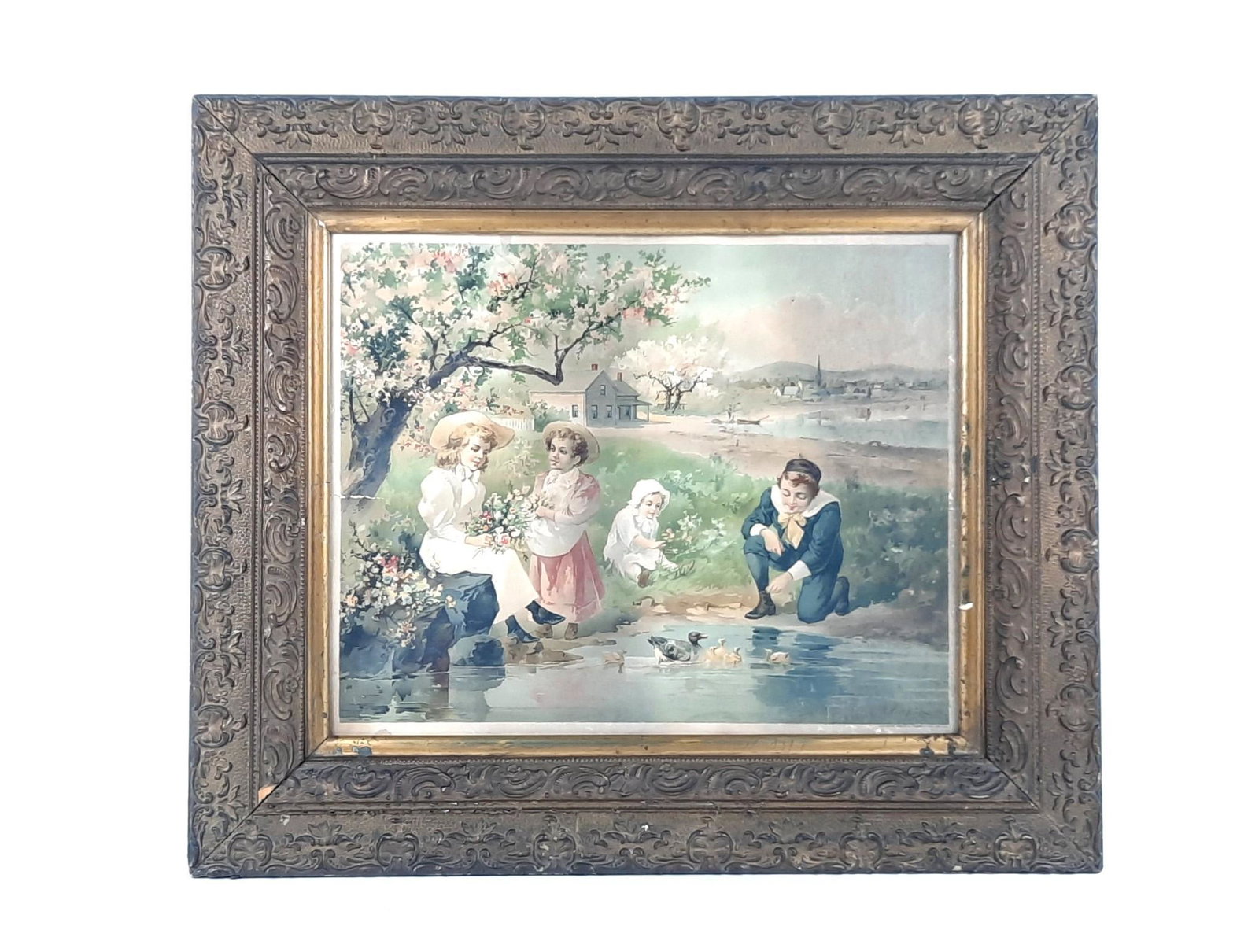 Richard Veenflict "Children At The Pond" Antique Print (1 of 2)