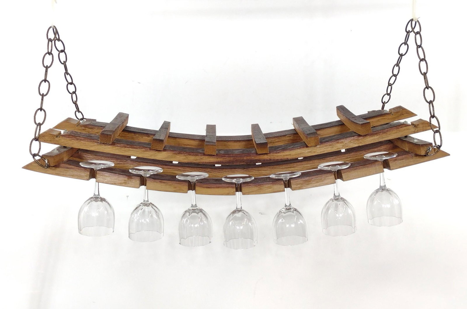 Hanging Wine Glass Rack: Stemware not included. Rack made of whiskey barrel staves. 34" wide X 16" deep X 12" high. MG. IMPORTANT: Before bidding, please read the terms and conditions. When you registered for the auction you 