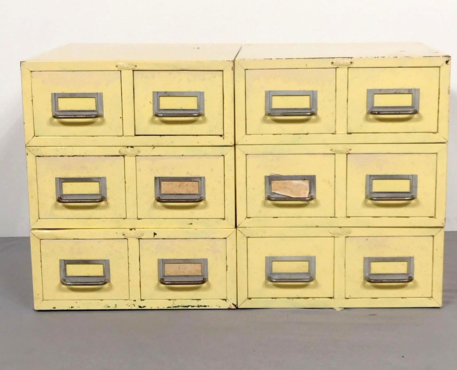 6 Cole-Steel Card File Drawers: 12-3/4" wide X 16" deep X 5" high. All have scratches and paint loss. IMPORTANT: Before bidding, please read the terms and conditions. When you registered for the auction you agreed to these terms and