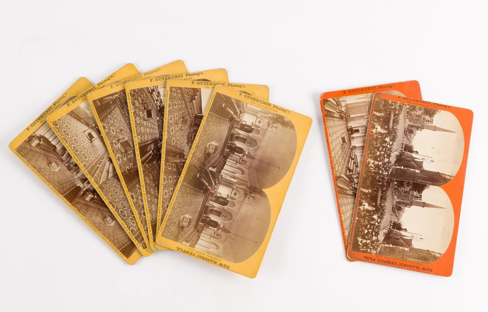 8 - 1873 Stereoviews of New Masonic Temple, Philadelphia: 7 marked James Cremer's Stereoscopic Emporium, 18 South Eighth St., Philadelphia Stereoscopes and Views, Wholesale and Retail. All dated 1873. 4-1/4" long x 7" wide. Wear around edges consistent with 