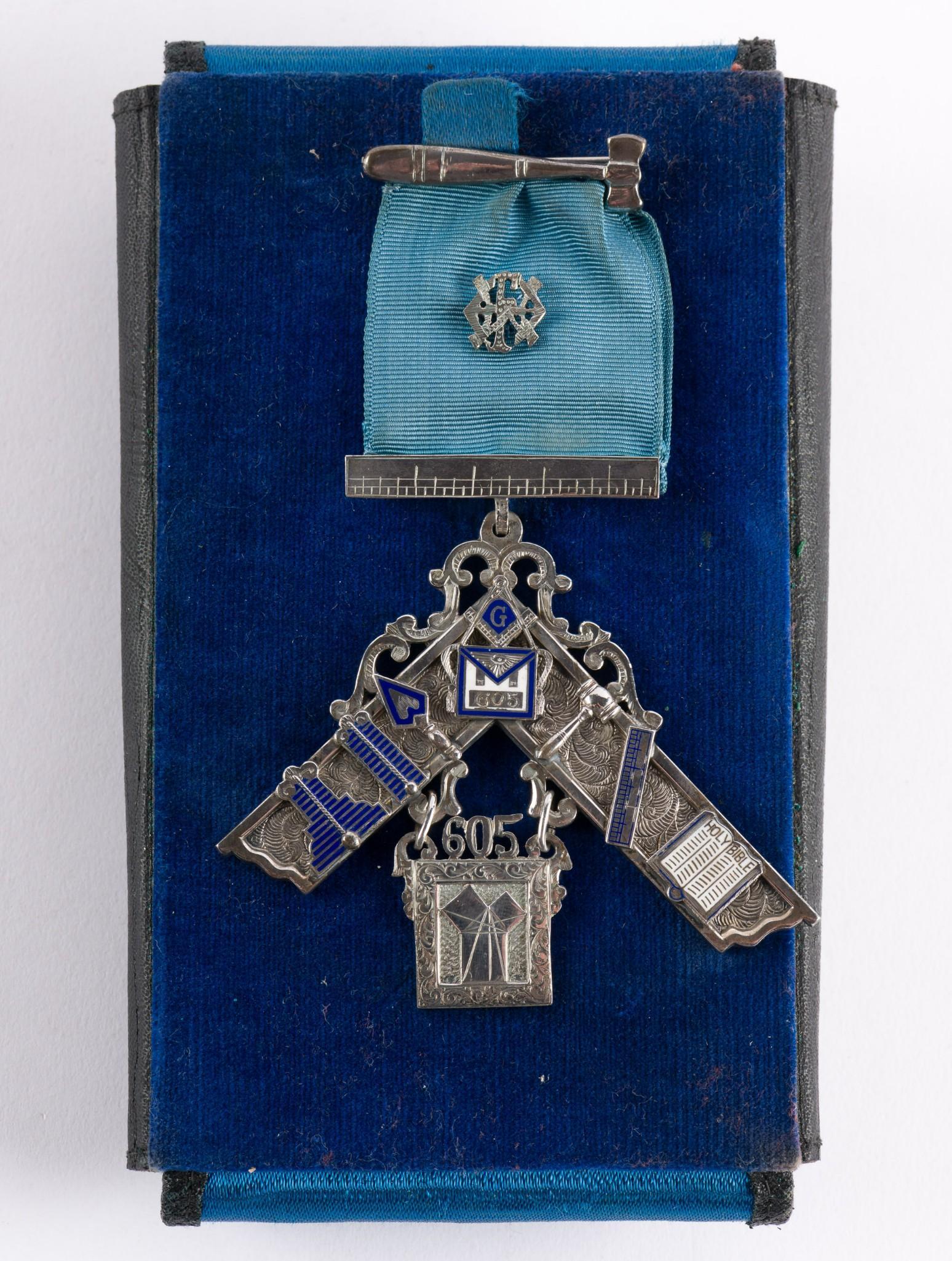 1948 Pennsylvania Masonic Past Master's Jewel: DESCRIPTION: Sterling silver and enameled Pennsylvania Masonic Past Master's jewel or medal. Presented to Frederick M. Kullstring, who served as Worshipful Master in 1948 of E. Coppee Mitchell Lodge N