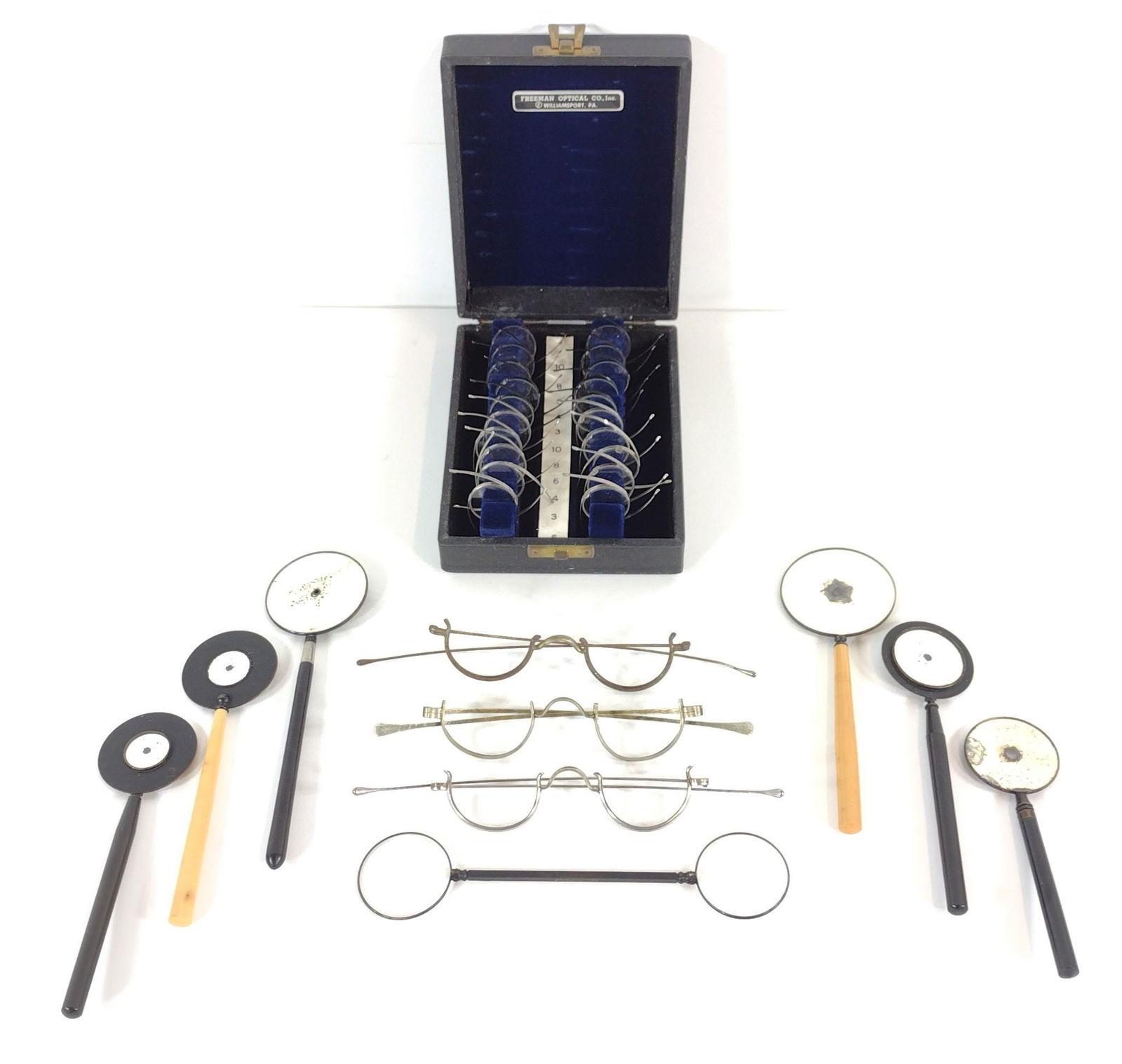 11 Vintage Spectacle Frames & Lenses: Includes Freeman Optical Co lens set. MG. IMPORTANT: Before bidding, please read the terms and conditions. When you registered for the auction you agreed to these terms and will be required to comply