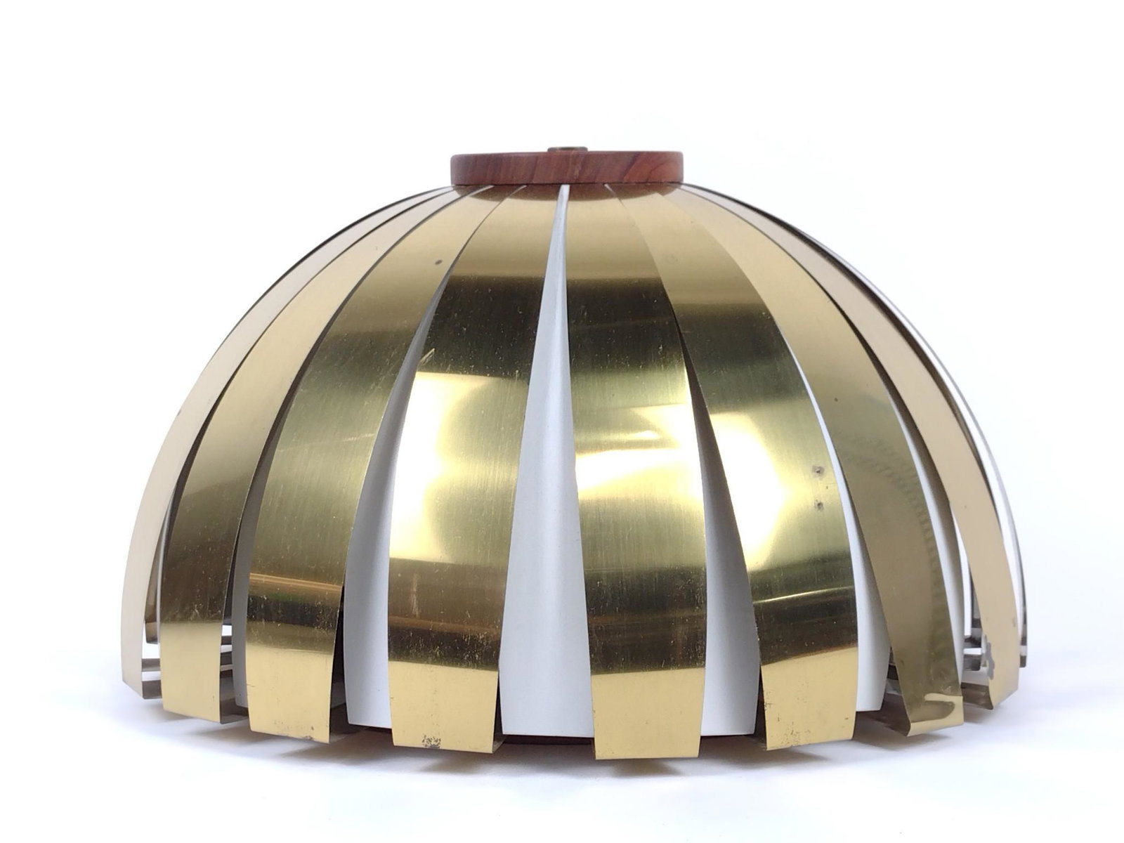 Mid Century Wood & Brass Hanging Light: No makers markings. 16-1/4" diameter X 9-3/4" high. MG. IMPORTANT: Before bidding, please read the terms and conditions. When you registered for the auction you agreed to these terms and will be requi