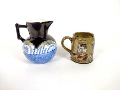 2 Ceramics incl Deldare Buffalo Pottery Figural Mug: Also includes Erphila Art Pottery Pitcher. 4-1/4" to 6-/4" high. BC IMPORTANT: Before bidding, please read the terms and conditions. When you registered for the auction you agreed to these terms and w