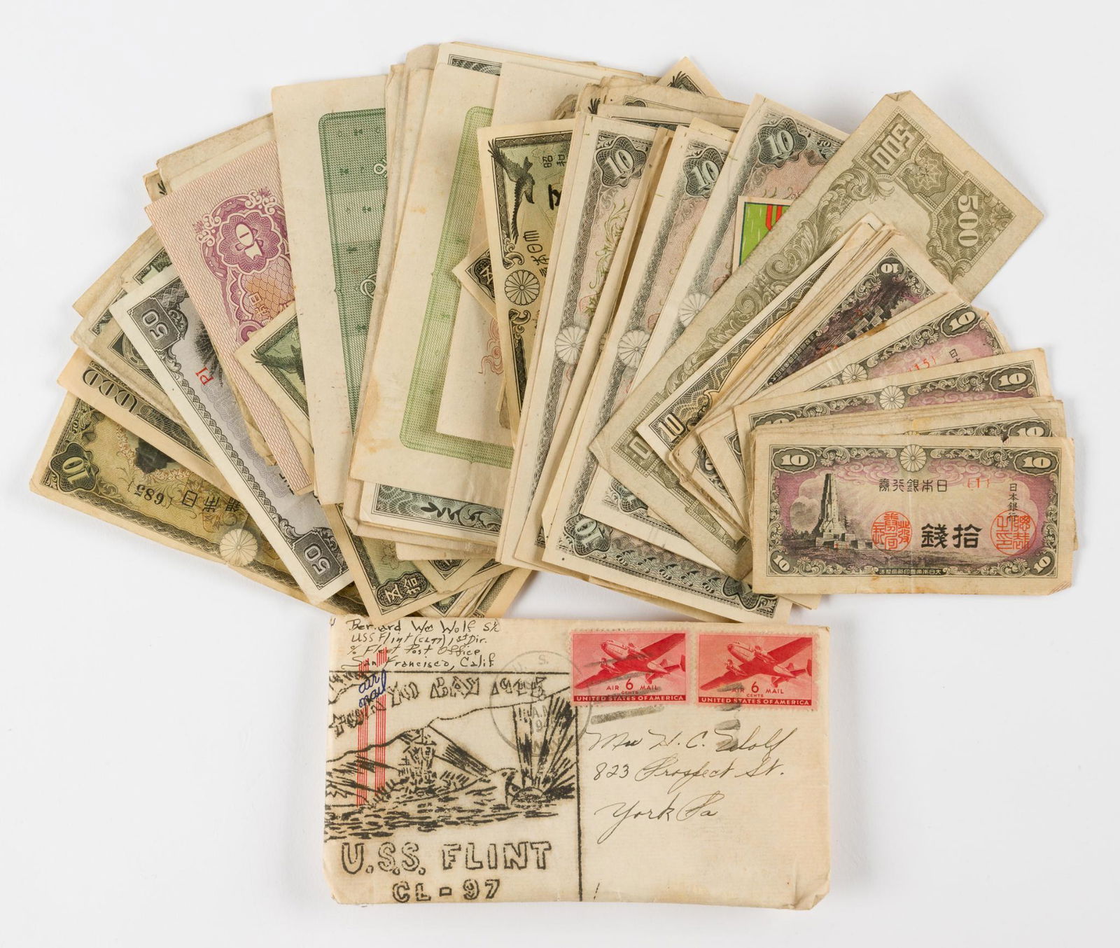 Large Assortment Of Antique Japanese Currency Incl. WWII Pesos - USS Flint Envelope (1 of 9)