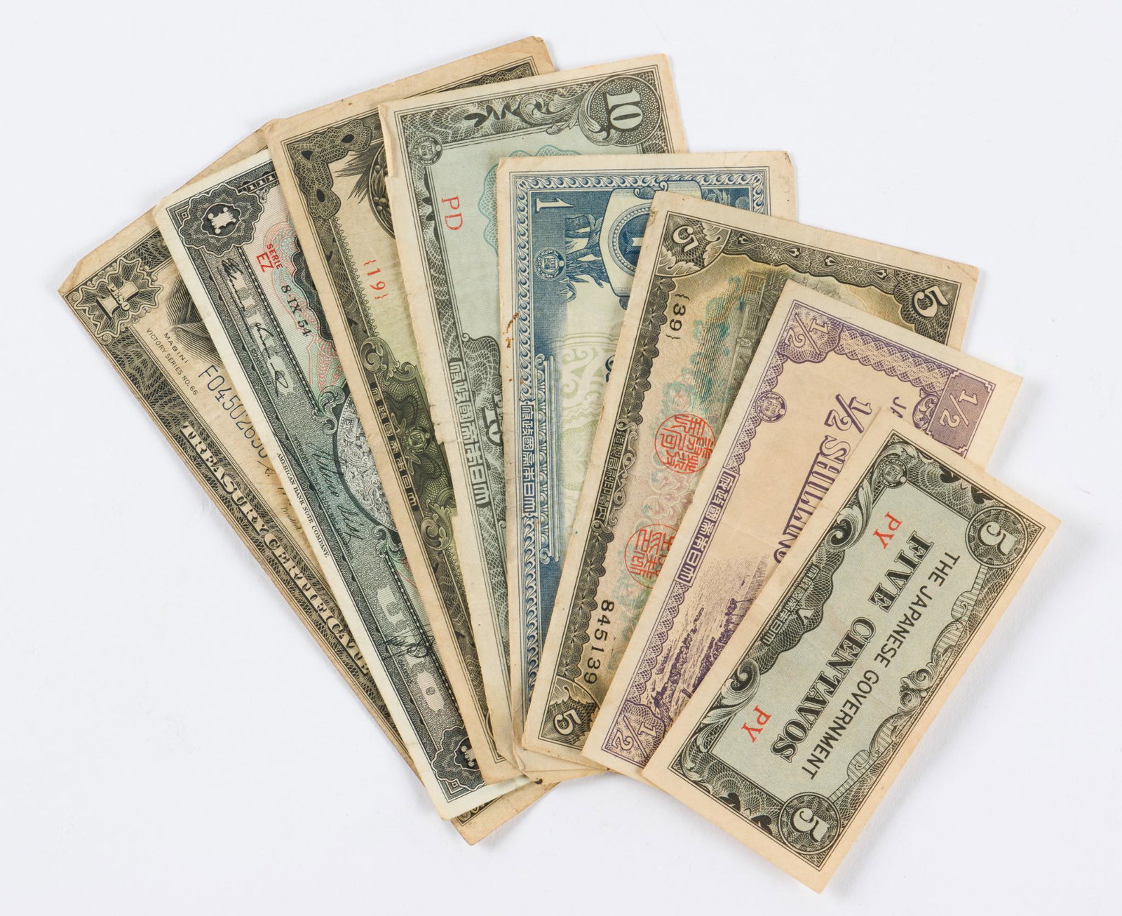 Antique Currency Collection Incl. Philippines, Mexico: Includes 6 Japanese or Japanese occupation of the Philippines pesos, 1944 Philippines Victory 1 Peso, and 1954 Mexican 1 Peso. Wear as expected with use. AJ. IMPORTANT: Before bidding, please read the