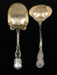 Two Antique Sterling Serving Articles; Reed & Barton and Whiting: Two sterling serving articles with goldwashed bowls. Reed & Barton gravy ladle in La Rien pattern (1893). 7-1/4" long. Whiting Manufacturing Company preserve spoon in the Louis XV pattern (1891).