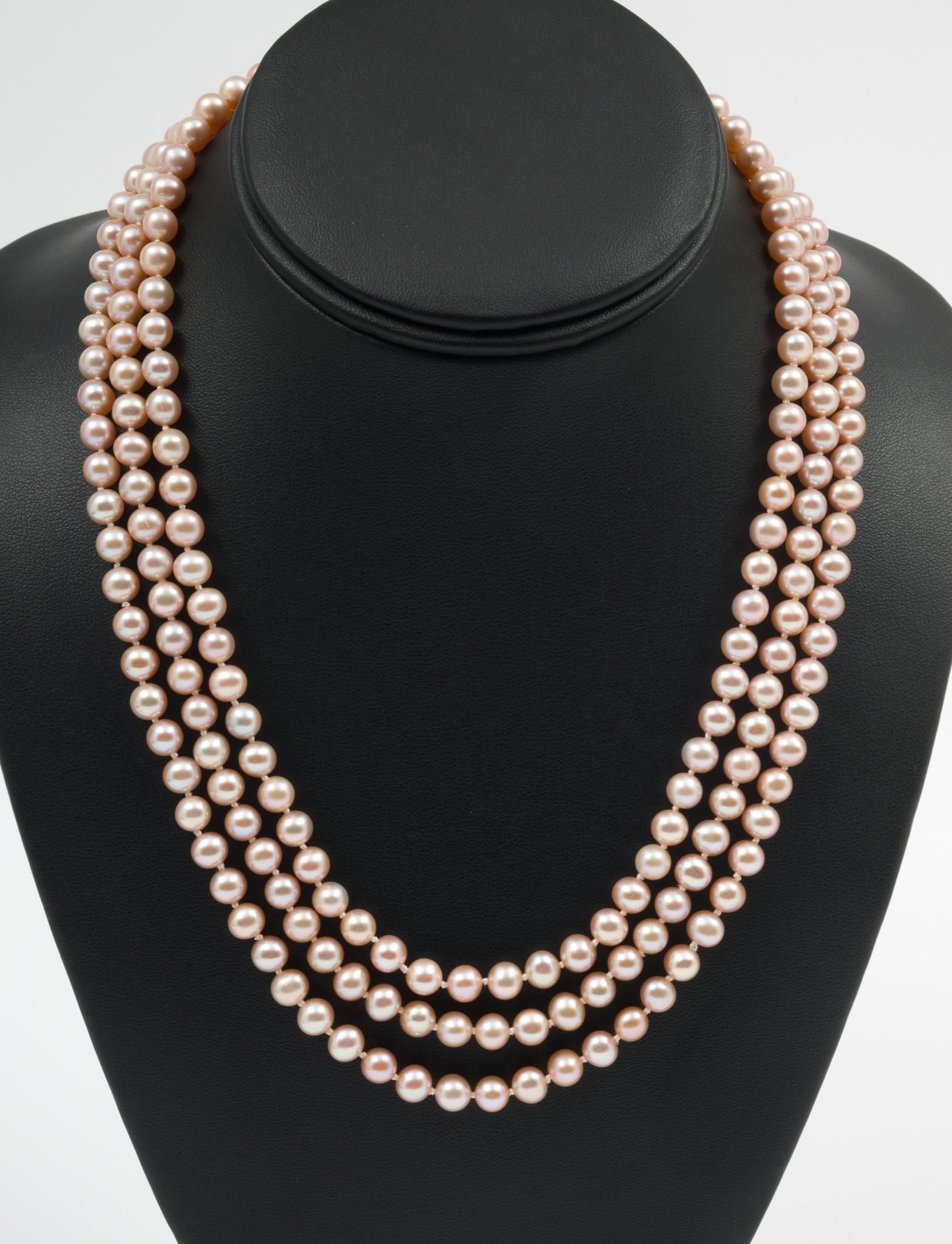 Triple Strand Pink Pearl Necklace With 14k Gold Clasp Auction