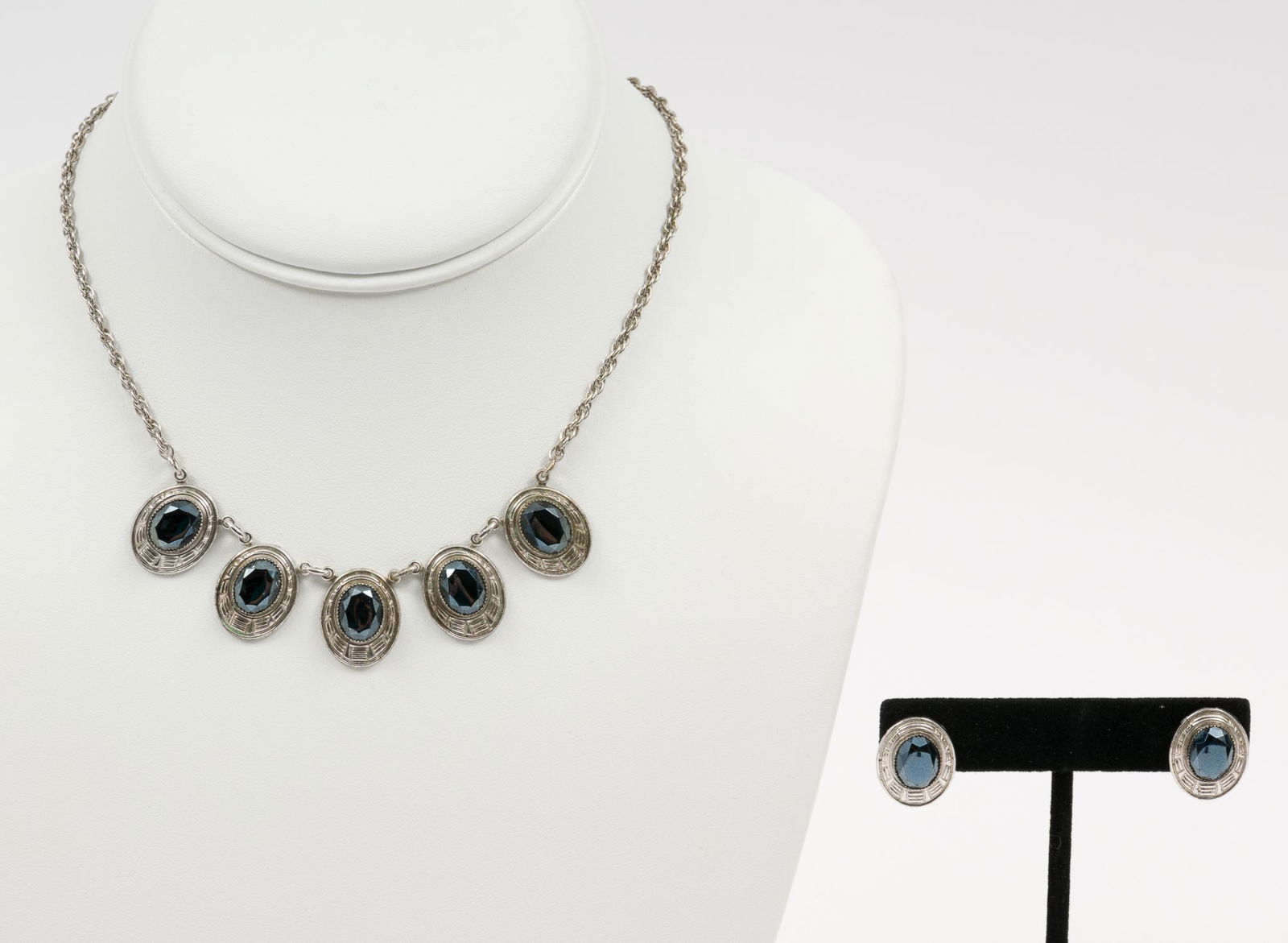 Vintage Sterling and Hematite Necklace and Earrings: Vintage Micallefs & Co. marked sterling and hematites necklace and screwback earrings. Signed AMCO. Earrings 5/8" long. Necklace 17-1/2" long. MH. IMPORTANT: Before bidding, please read the terms and