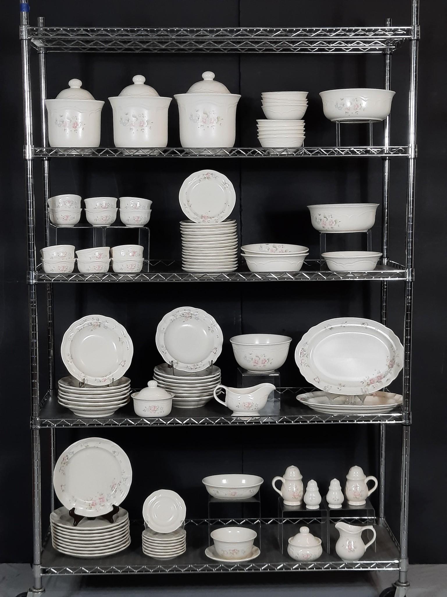 107 Pfaltzgraff Floral Dinnerware: Dinner plate: 10-1/2" diameter. Some utensil marks. LR IMPORTANT: Before bidding, please read the terms and conditions. When you registered for the auction you agreed to these terms and will be requir