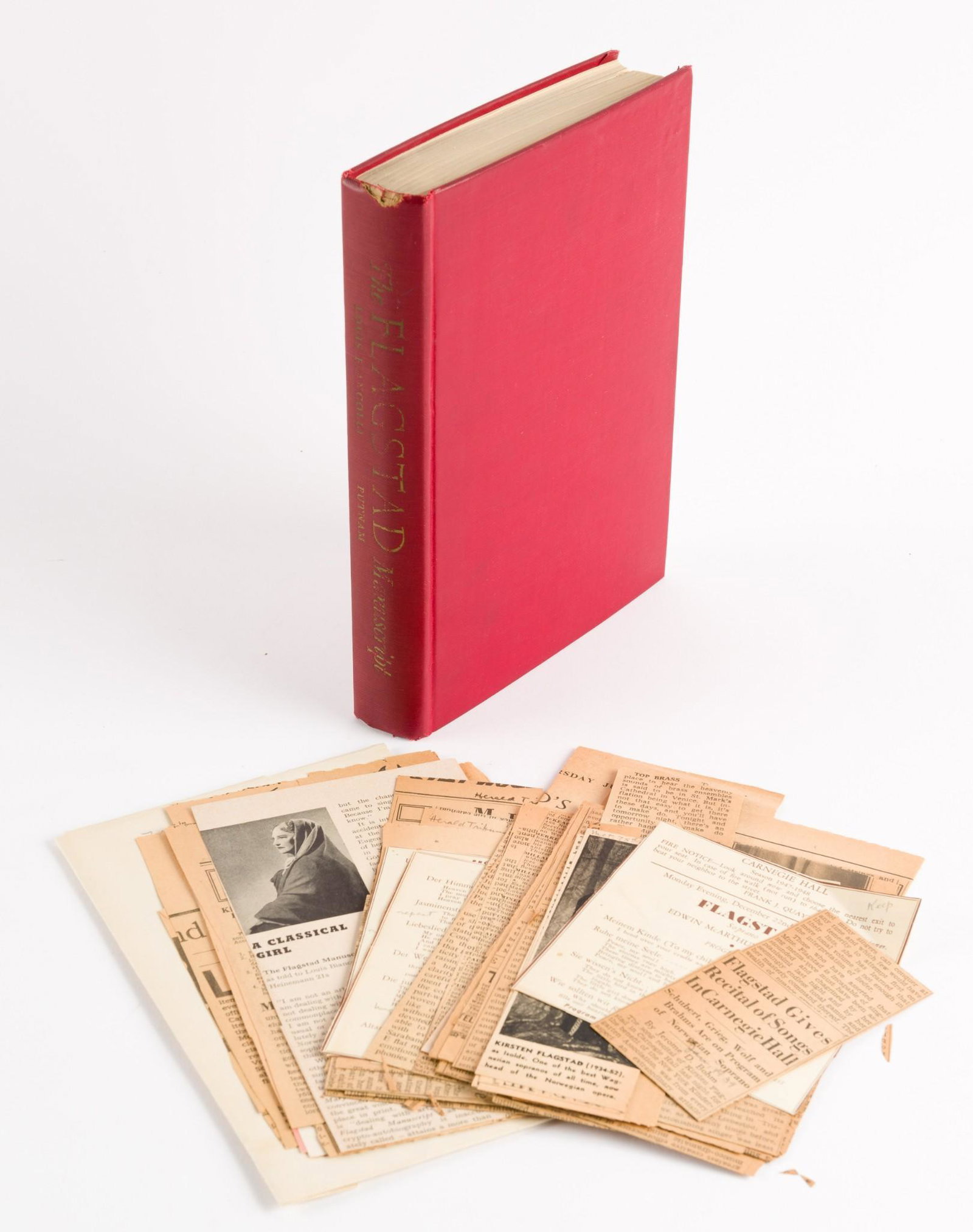 1952 The Flagstad Manuscript - With Kirsten Flagstad Ephemera Incl. Reviews: The Flagstad Manuscript. A Memoir. By Louis Biancolli and printed in New York City by G.P. Putnam's Sons. 1952, 293 pages. Hardcover red cloth. A memoir on the life and popularity of Norwegian opera s