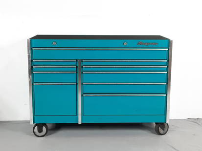 Snap On Master Series Teal Tool Chest: 54" wide x 24" deep x 39-1/2" high. Minor rust and dents. LR IMPORTANT: Before bidding, please read the terms and conditions. When you registered for the auction you agreed to these terms and will be