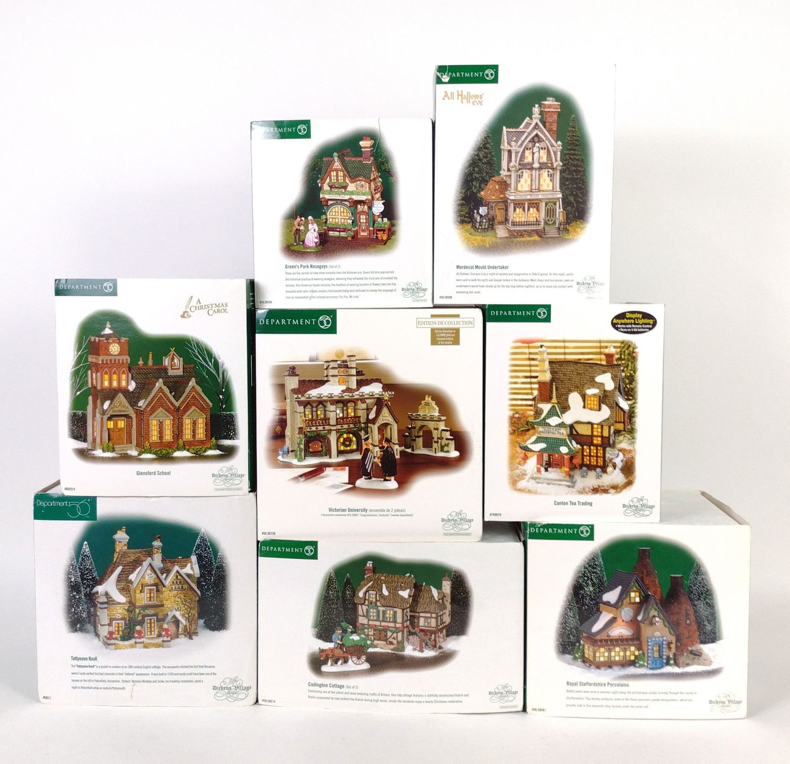 8 Dickens Village Houses Incl Glensford School: Also includes Tattyeave Knoll, Green's Park Nosegays, Victoria University, Codington Cottage, Mordecai Mould Undertaker, Canton Tea Trading, and Royal Staffordshire Porcelains. BC IMPORTANT: Before bi