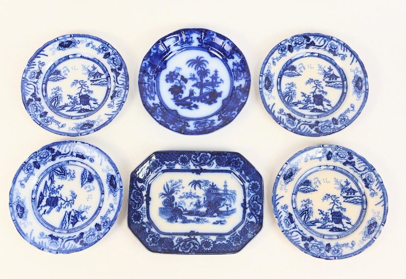 6 Pcs Flow Blue incl Hong Kong Improved Stone China (1 of 6)