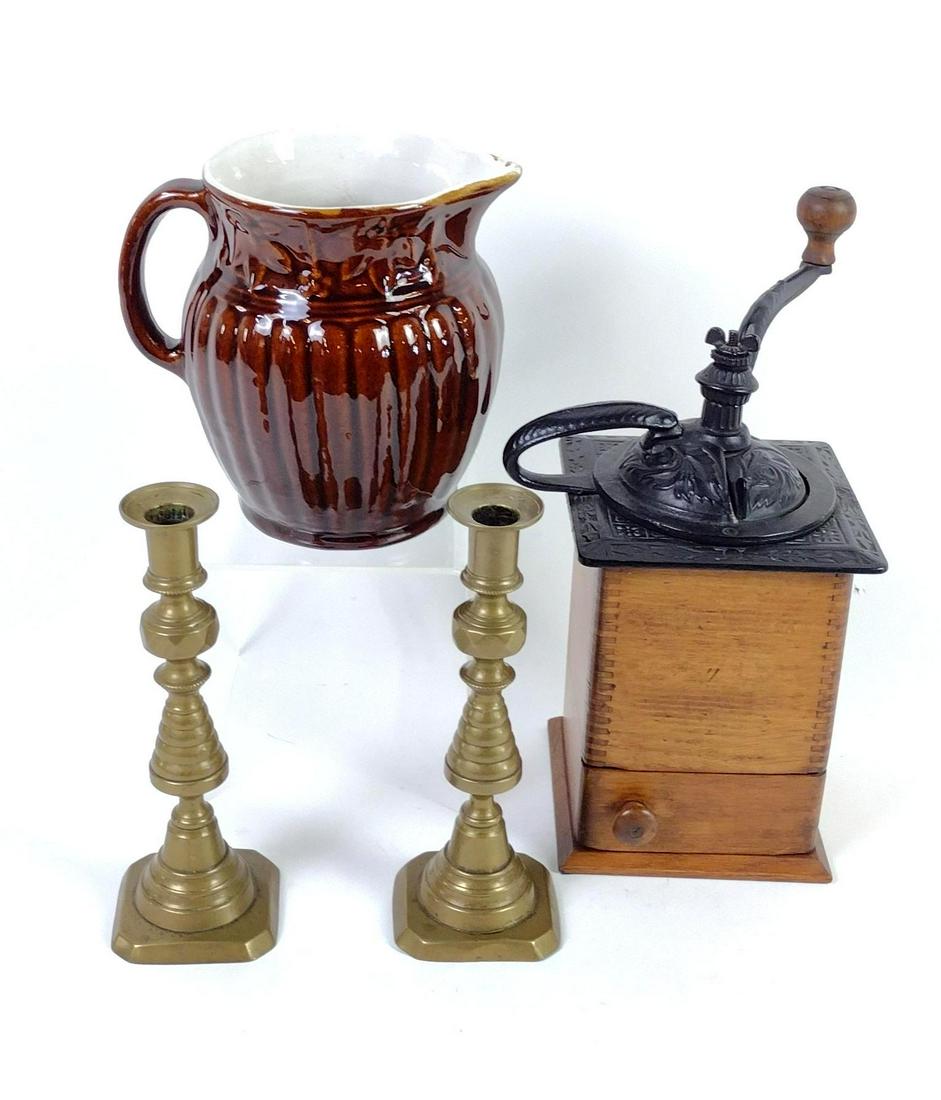 4 Pcs incl Coffee Grinder, Brass Candle Sticks & Pitcher (1 of 8)