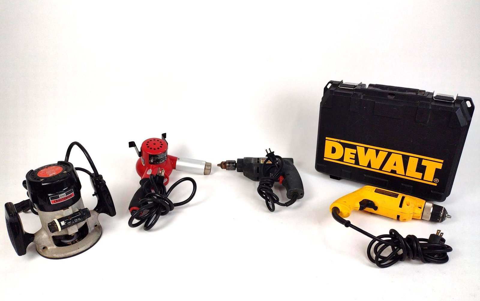 4 Power Tools incl DeWalt Drill: All working. Includes Craftsman router, MHT heat gun, DeWalt 3/8 VSR drill, and Skil 3/8" drill. Craftsman model number 31517480. Skil model number 6225. MHT model number 750. DeWalt model number D210