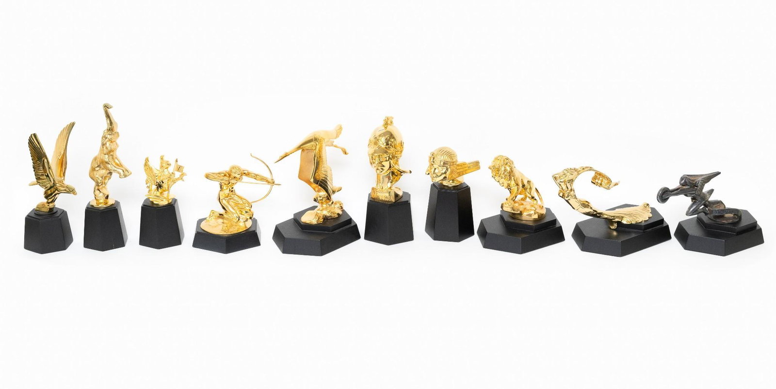 10 Franklin Mint Hood Ornaments: Lot to be picked up from Linglestown, Rd Harrisburg. Modern Office Building,3rd floor with elevator.To be picked up 8-11-23. Includes Stutz, Peugeot, Vauxhall Motors, Minerva, Pierce Arrow, Packard, A