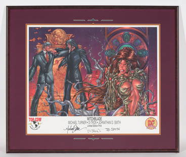 1996 Witchblade Ltd. Ed. Poster - Signed By Michael Turner, D-Tron & Jonathan D. Smith: Framed 1996 Witchblade poster. Marked 129 of a limited edition of 400. Includes signatures of Michael Turner, D-Tron, and Jonathan D. Smith. 39-3/8" wide x 33-3/8" high. Frame 4-1/2" high. Light wear