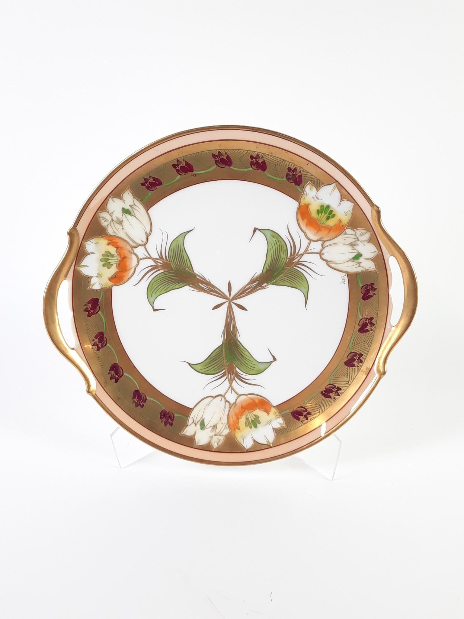 Signed Limoges Handled Tray with Tulips: Signed Fisher. Mazzarella collection. 13-1/4" wide x 12-1/4" deep. LR