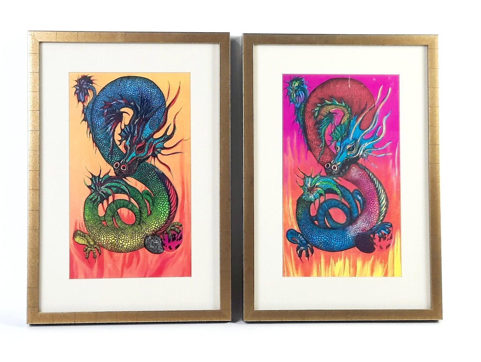 Pr Multi-Colored Dragon Prints: Each overall with frame 20-3/4" high x 14" wide. LR