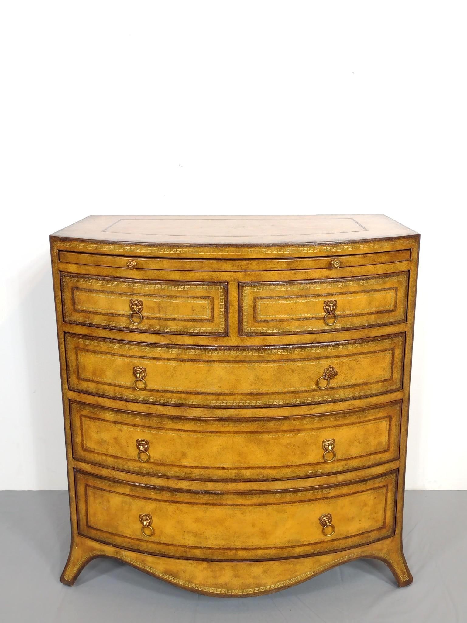 Maitland Smith Leather Top Chest of Drawers: 30" wide X 18" deep X 30" high. Has some light scratches. MG.