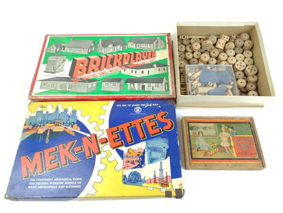 4 Vintage Toys Incl Brickplayer: Also includes Mek-N-Ettes, Tinkertoy and Chautauqua building blocks. All in original boxes other then Tinkertoy. MG