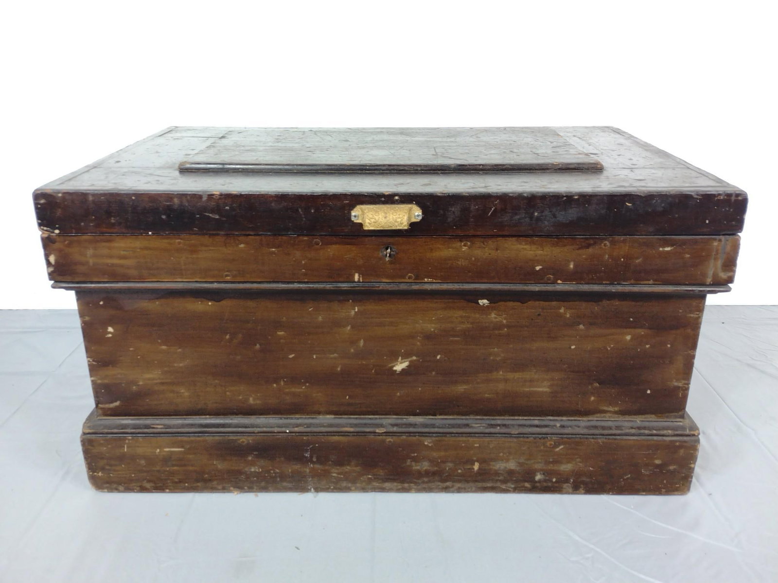 Carpenters Tool Chest: 37" wide X 23" deep X 19-1/4" high. Has scratches and areas of finish loss. MG.