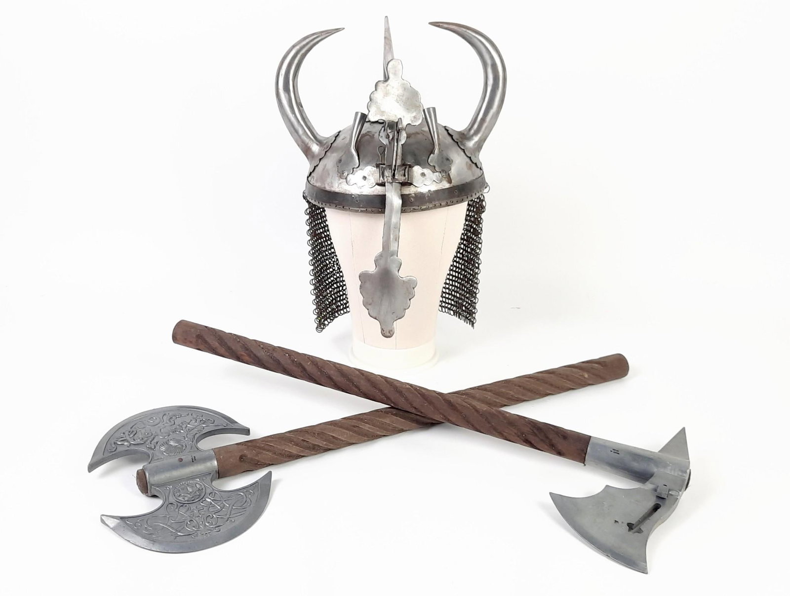 Viking Helmet with 2 Battle Axes: Axes made in Spain. Helmet unmarked. Helmet: 10-1/2" wide x 10-1/2" deep x 15" high. Axes: 23" to 25" long. LR