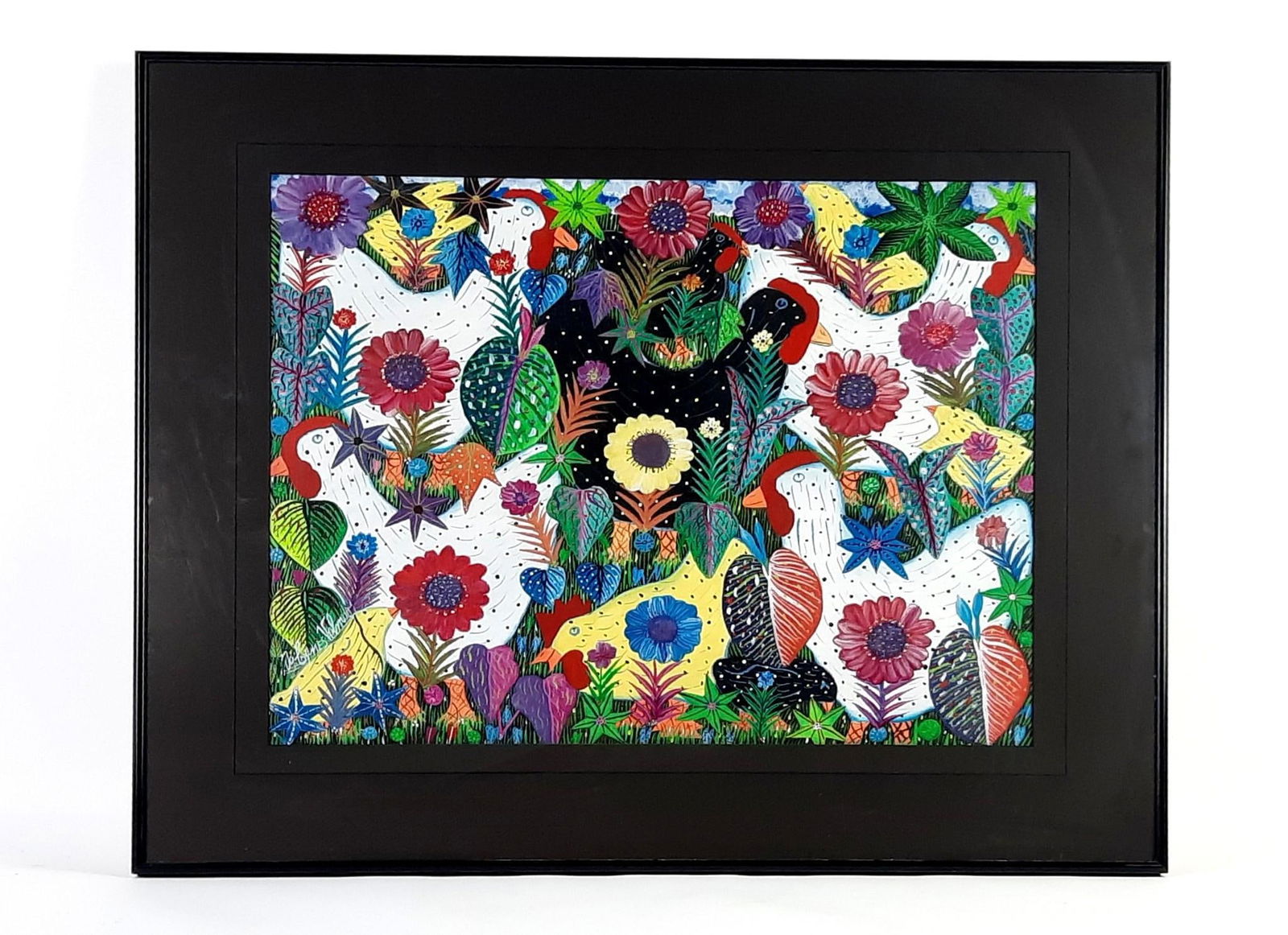 Signed Vibrant Chickens In Flower Field Painting (1 of 2)