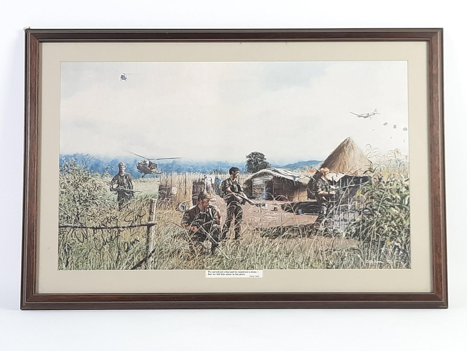 Craig Bone Vietnam Print: Craig Bone (Born 1955) is active/lives in Florida / Zimbabwe, South Africa. Craig Bone is known for Big game, wildlife painting. Print signed "Wenger check six, Sam". Overall with frame 18-3/4" high x