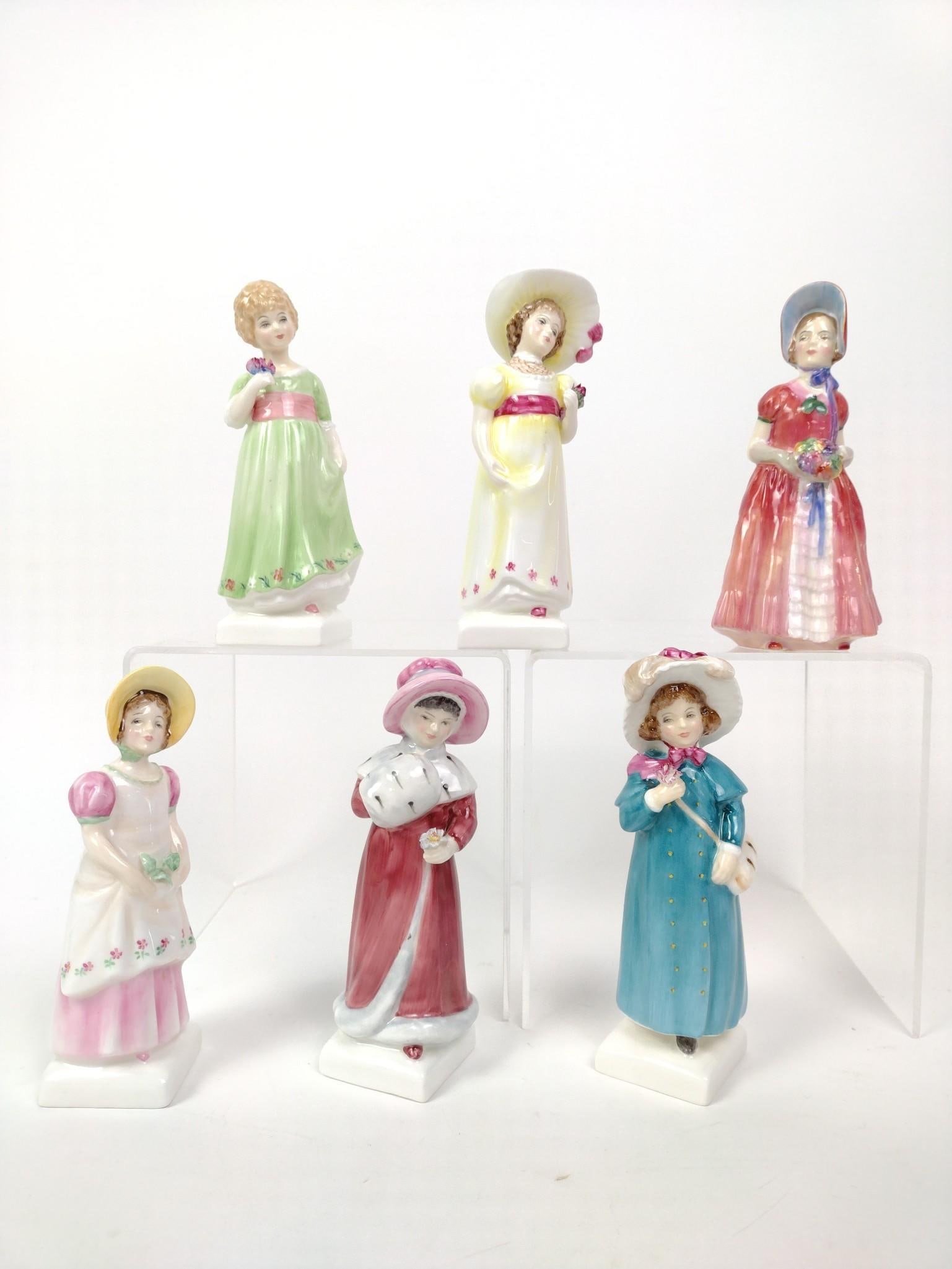 6 Royal Doulton Figurines Incl. Carrie & Lori: Includes 1.) Diane. HN 1986. 2.) Tess. HN: 2865. 3.) Sophie. HN 2833. 4.) Carrie. HN 2800. 5.) Lori. HN: 2801. 6.) Emma. HN 2834. 5-1/2" to 6" high. AJ.