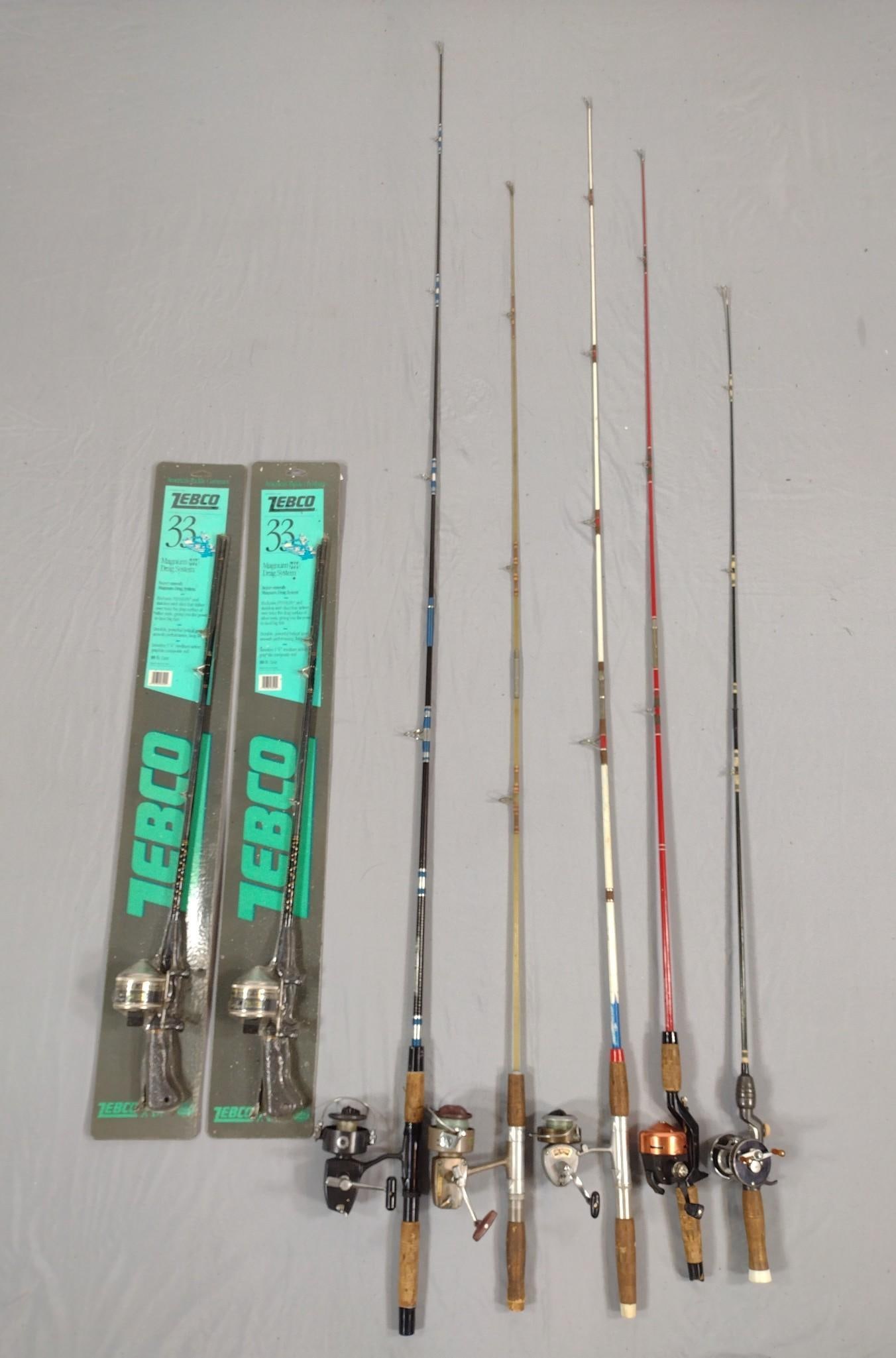 7 Rods With Reels Incl Zebco: Also includes True Temper, king Neptune No 110, South Bend. 60" to 84" long. MG.