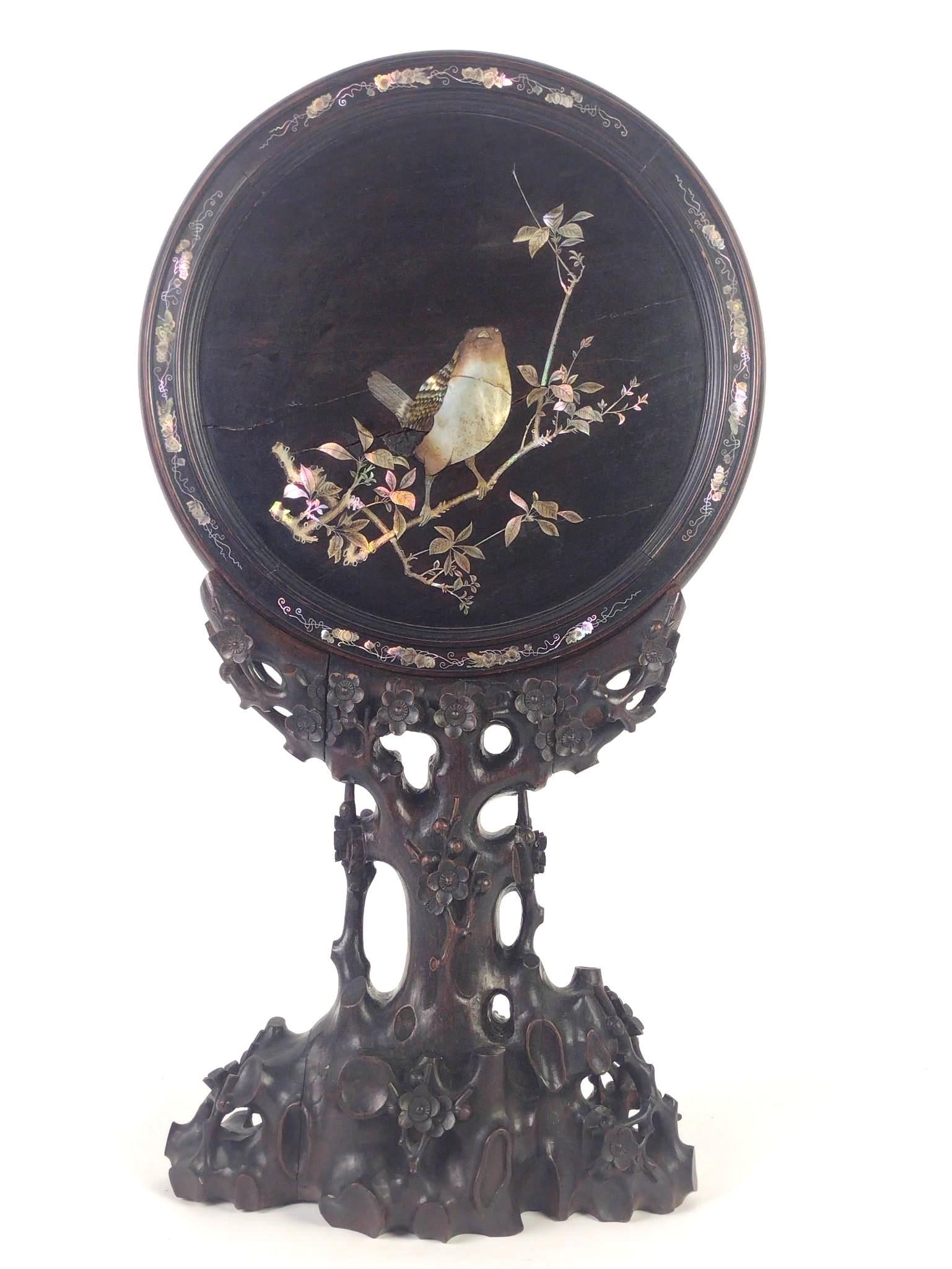 Wood Carved Asian Plaque on Stand With Abalone (1 of 6)