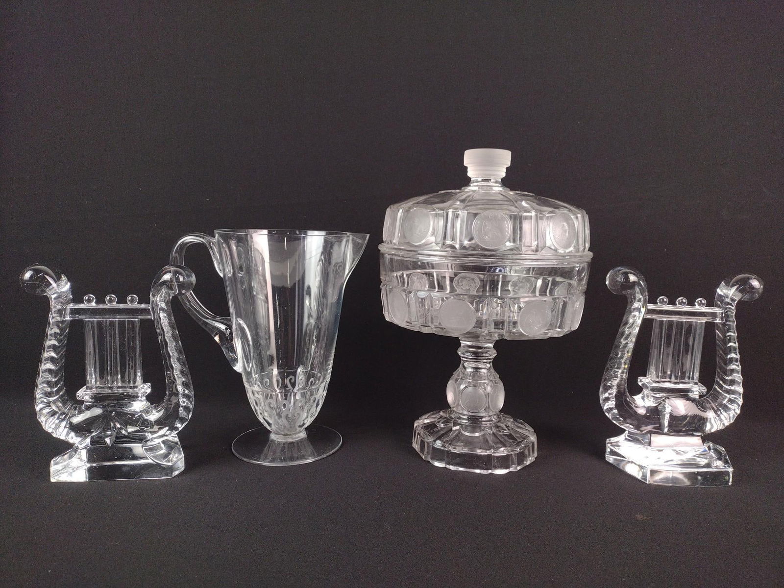 4 Pcs Glassware incl Lyre Bookends and Coin Glass (1 of 7)