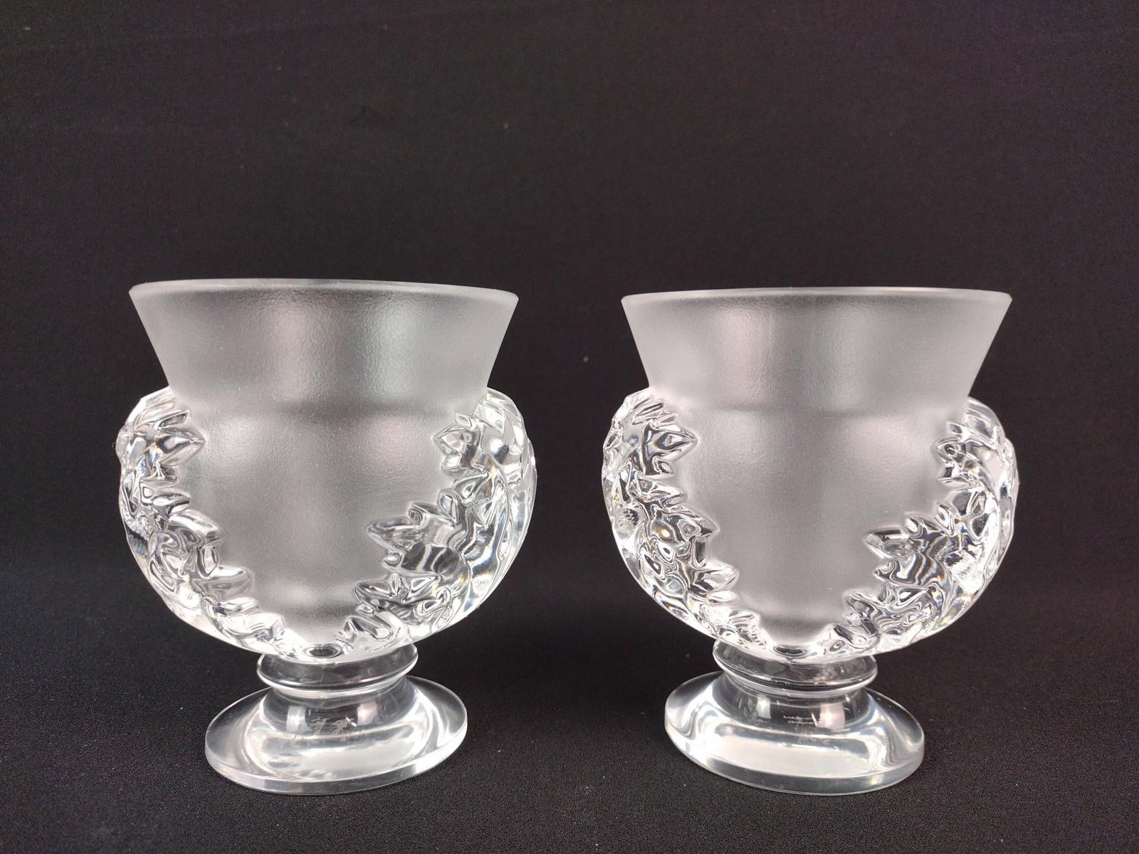 Pr Lalique Chene Vases: Each 4-1/2" wide x 3-1/4" deep x 4-1/2" high.